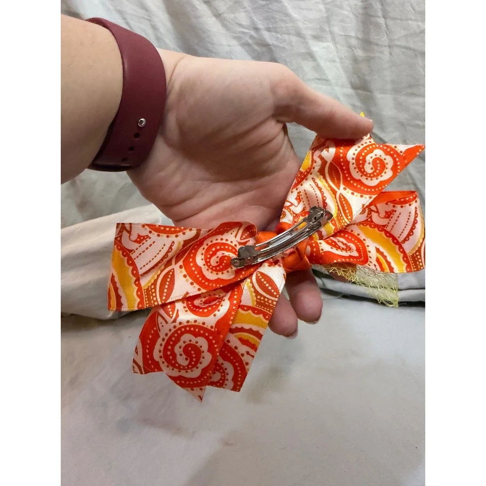 Orange Yellow Paisley Print Hair Bow Alligator Clip Textured Mesh Overlay